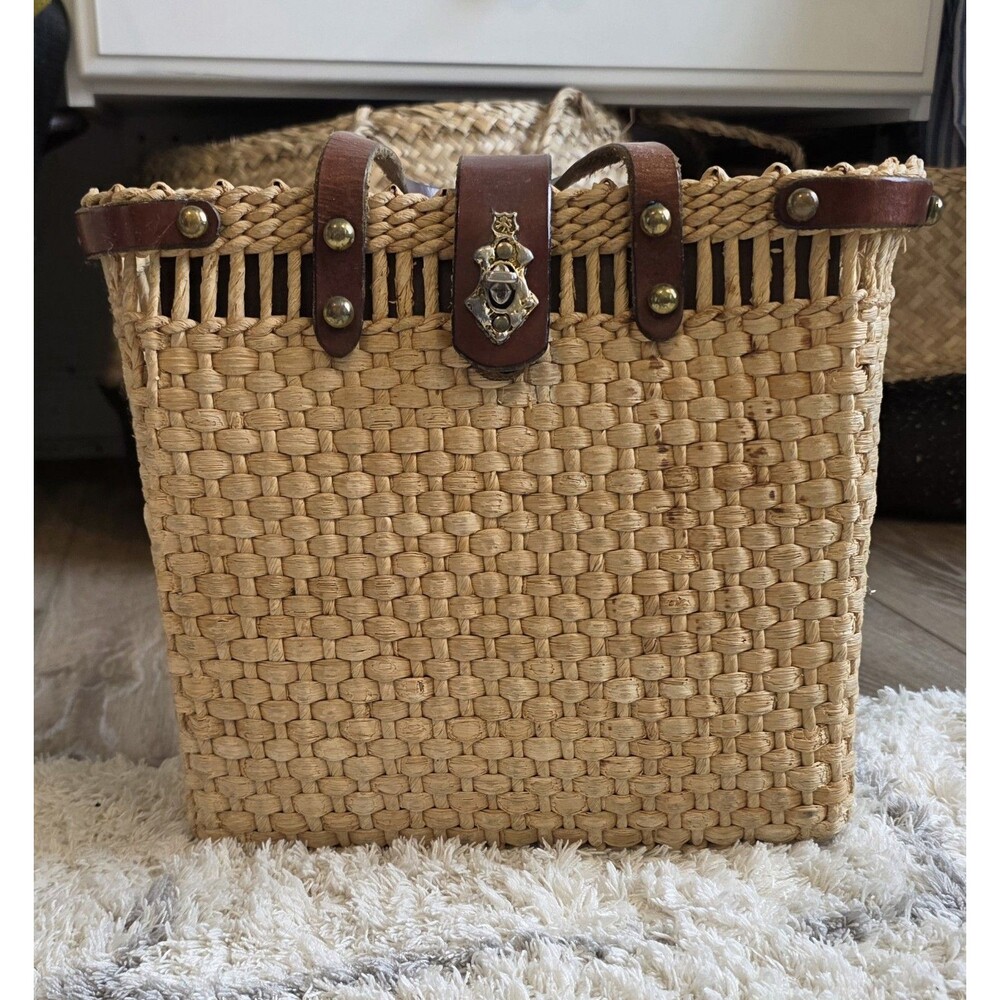 Vintage John Romain Woven Straw Basket Tote Leather Trim Brass Hardware 1960s